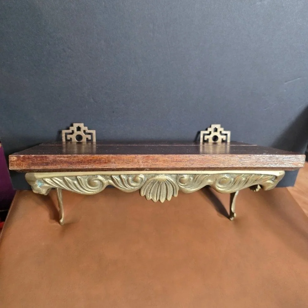 Vintage MCM Brass and Wood Wall Shelf, Ornate Asian Wall Display, Shelving